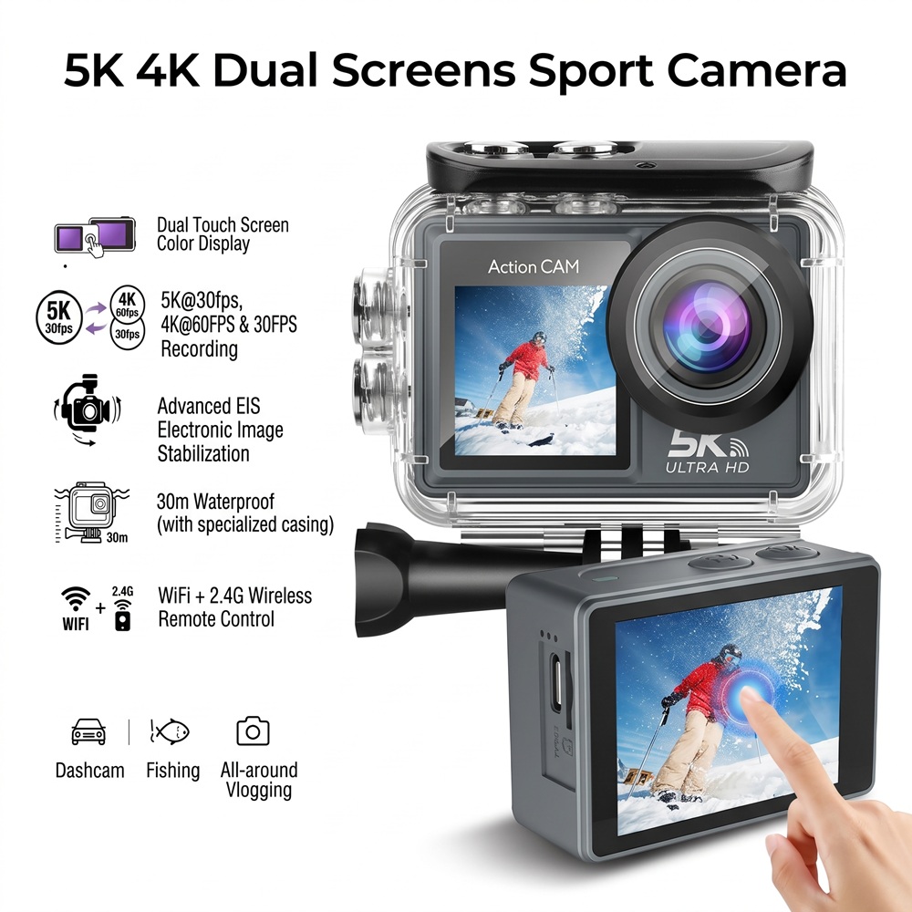 Action Camera 4K 60Fps Dual Screen - كاميرا أكشن فائقة الدقة 5K 4K